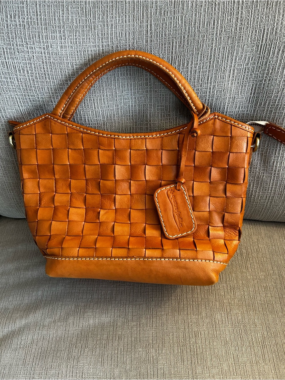 Woven Leather Satchel in Cognac Tan